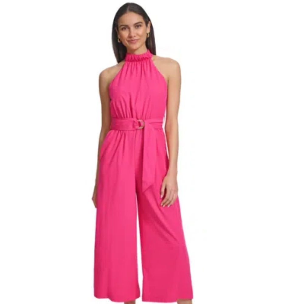 Calvin Klein Women’s Belter Halter Neck Straight-Jumpsuit